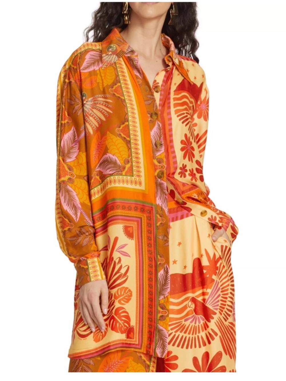 FARM RIO Forest Mixed Scarves Chemise Shirt Dress and Wide-Leg Pants Set - Picture 2 of 12
